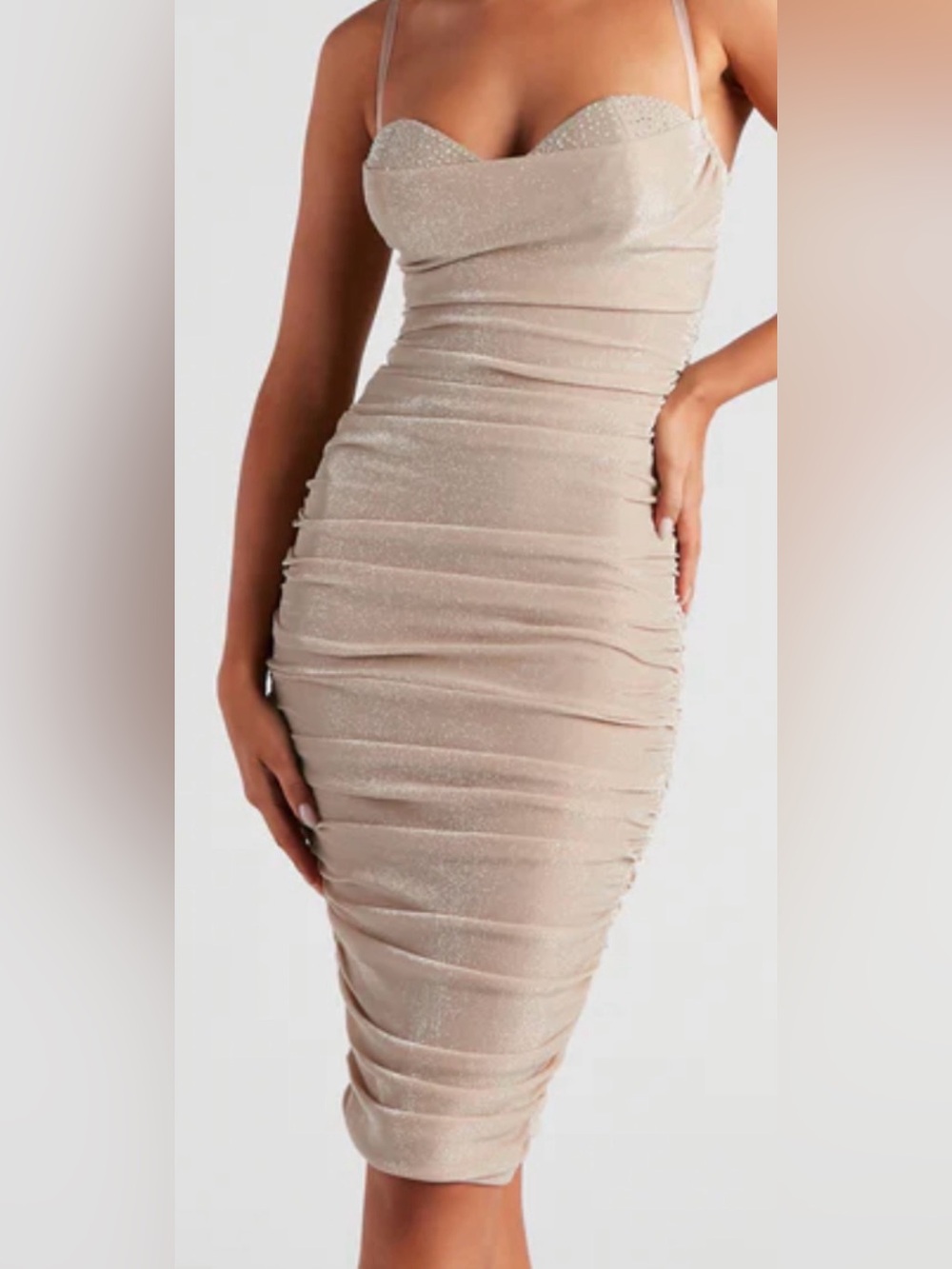 Windsor Shimmery Nude Ruched Midi Dress